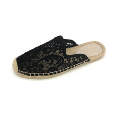 Black lace upper jute sole espadrille sandal slip on shoes for women